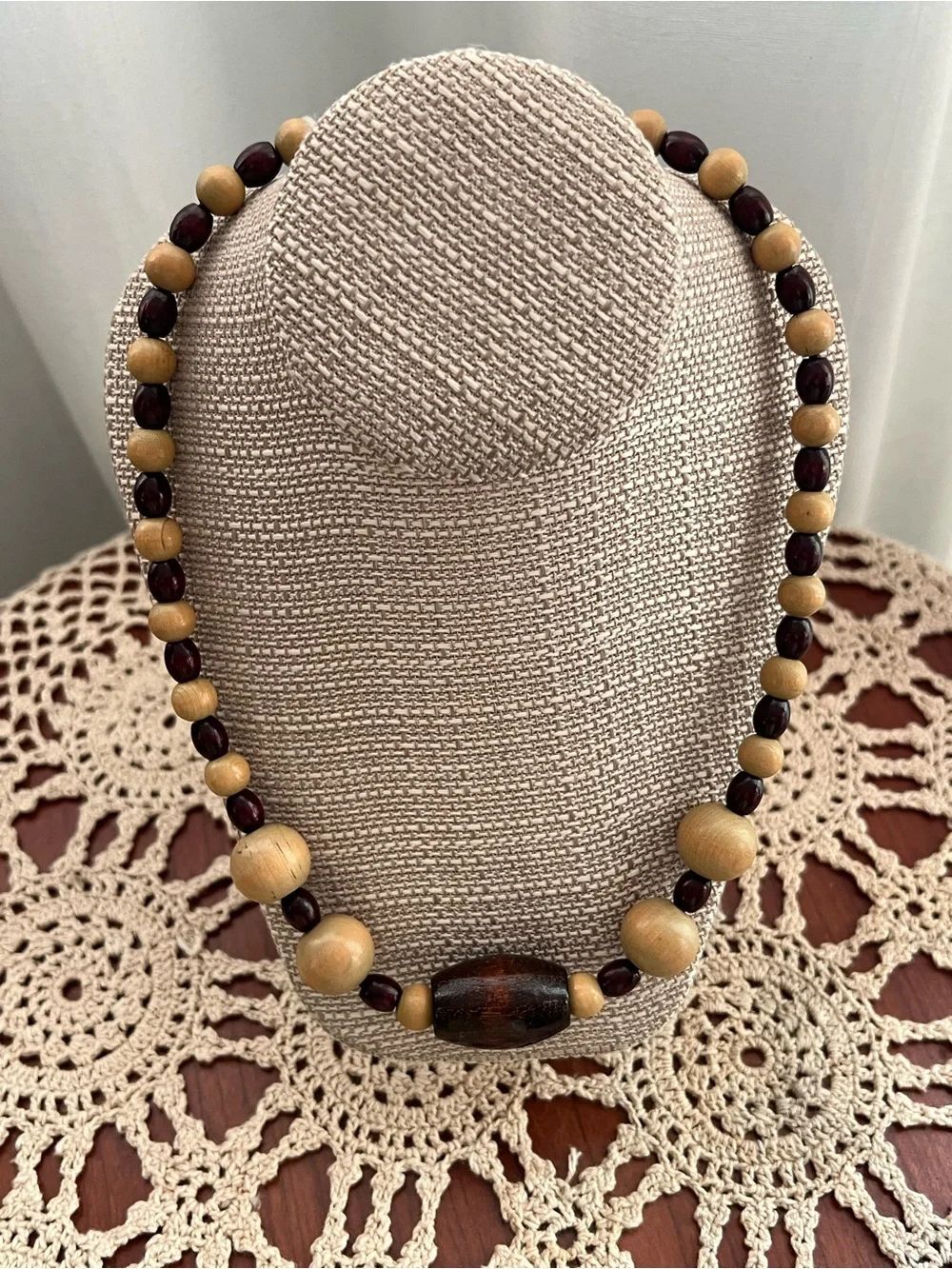 Vintage Wood Bead Statement Necklace Brown Tan Boho Artisan Tribal Natural